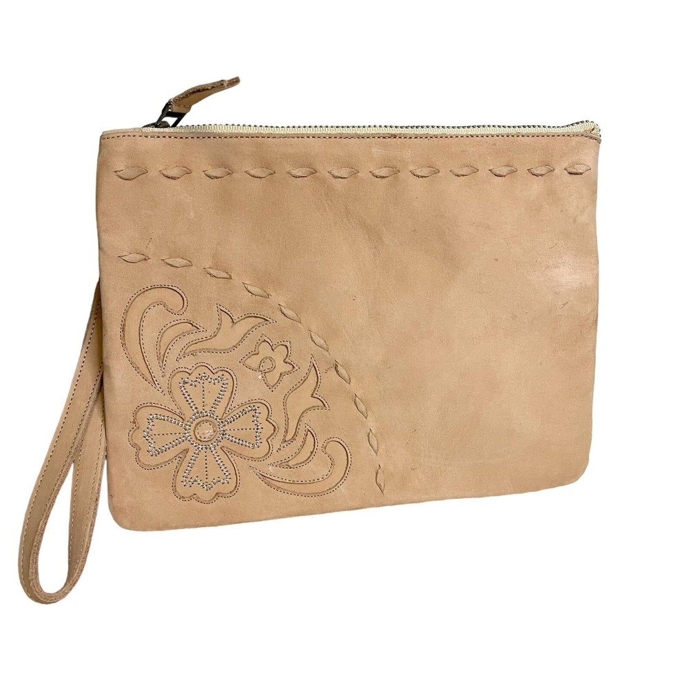 Leather Floral Mexican Clutch Wristlet Tan Mexican Bag Purse Handbag